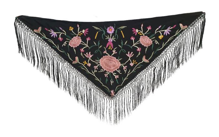 Little Black Shawl Embroidered in Colours Pale Pink Flower